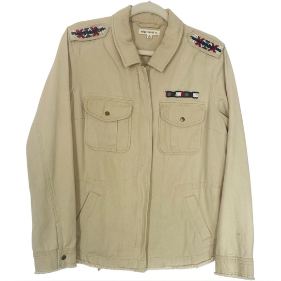 Indigo Thread Co Jackets & Blazers - Khaki Denim Military Utility Jacket with Southwestern Beaded Details Women’s M